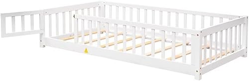 Miniatura 47 de Cama de suelo de tamaño matrimonial, marco de cama Montessori de madera maciza con barandillas en forma de valla y puerta pequeña y listones de