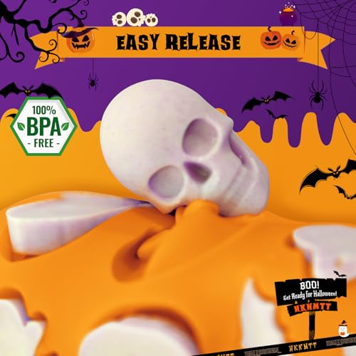 Image of Halloween Molds Silicone for Chocolate 2 Pack, 3D Halloween Chocolate Candy Gummy Mold Skull Pumpkin Bat Ghost Witch Hat Spider tombstone Shapes Mold