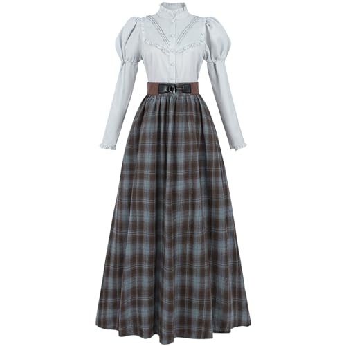 FCCAM Edwardian Victorian Dress for Women 2-Piece 1800s Plaid Victorian