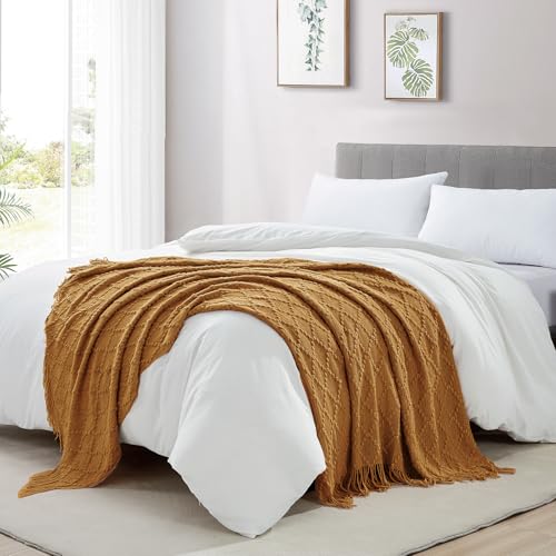 BOURINA Almond Throw Blanket 50 x70 Inches Jacquard Argyle Throw Textured Solid Soft Throws and Blankets for Sofa or Bed Knitted Decorative Blanket - Thumbnail 5
