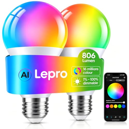 Image of Lepro E27 Smart Bulbs, 806lm 8.5W, RGB Colour Changing, AI Lighting, 2 Pack | 60W Equiv, 2700K–5700K Tunable, 1–100% Dimmable, WiFi & Bluetooth, Music Sync, Smart Timer, Alexa & Google Home Compatible