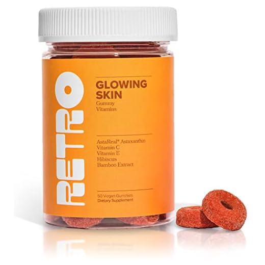 RETRO Gummy Glowing Skin Vitamins for Collagen Production - Astaxanthin, Vitamin E, Bamboo Extract, Hibiscus, & Vitamin C - Vegan Skin Vitamin Gummies for Smooth Skin & Hydration, 50 Count (Pack of 1)