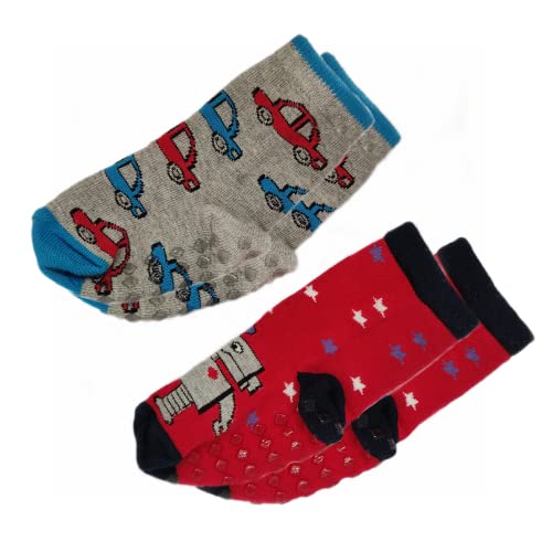 Image of NOFALL Anti Skid Robot & Car Design Cotton Socks for Kids, Ankle Length, Comfortable for Daily Use for Boys & Girls, Red & Light Grey, Pack of 2