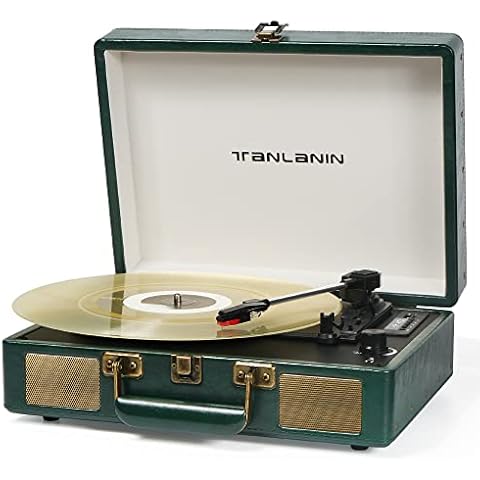 Vintage 3-Speed Bluetooth Portable USB Suitcase Record Player with Built-in Speakers | Upgraded Vinyl Turntable Audio Sound| Includes Extra Stylus & Mat | Green Cover