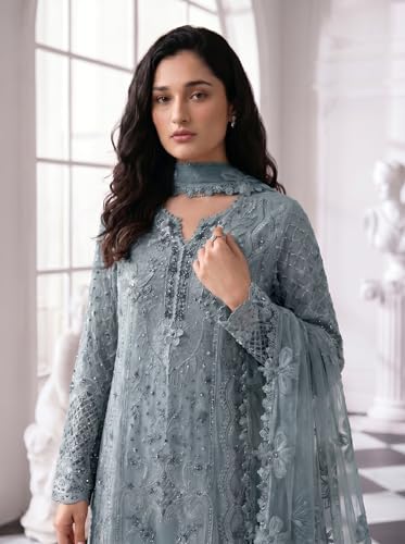 Image of RUDRAPRAYAG Faux Georgette Fabric With Heavy Embroidered Sequence With Khatli Work Semi Stitched V-Neck Salwar Suit Sharara With Dupatta For Women