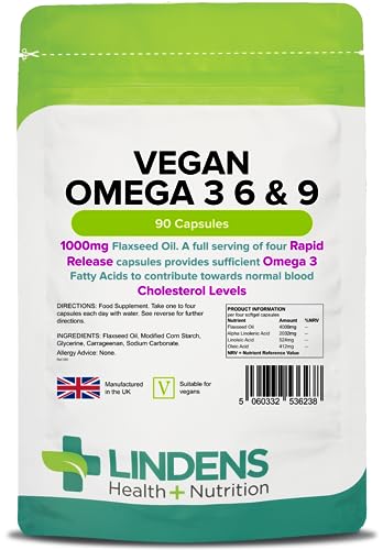 Lindens Vegan Omega 3, 6 & 9 Flaxseed 1000mg Softgel Capsules - 90 Capsules - Rapid-Release - UK Manufacturer, Letterbox Friendly