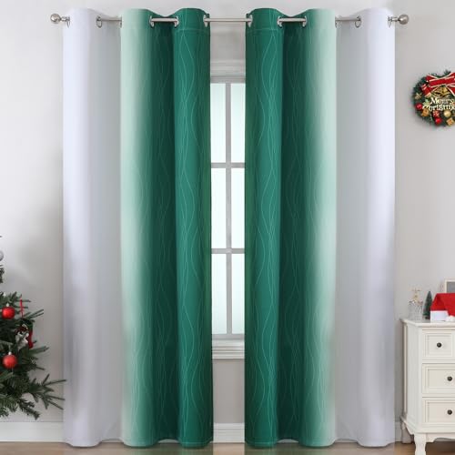 Estelar Textiler Green and Greyish White Blackout Curtains for Living Room, Thermal Insulated Ombre Blackout Drapes, Gradient Full Light Blocking Energy Saving Curtains for Bedroom, 42Wx84L, 2 Panels