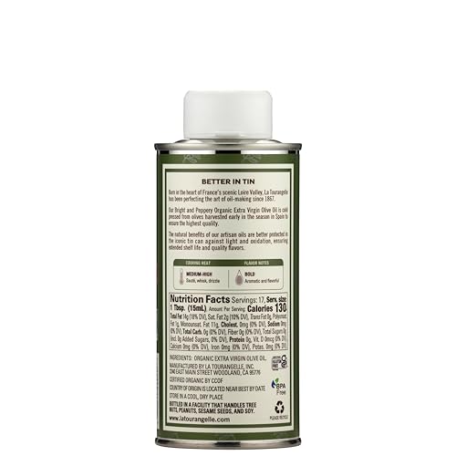 Image of La Tourangelle, Organic Extra Virgin Olive Oil, Cold-Pressed Early Harvest EVOO from Spain, Bright & Peppery, 8.45 fl oz - Spanish with Polyphenols for Cooking, Drizzling, Marinades, and Dipping