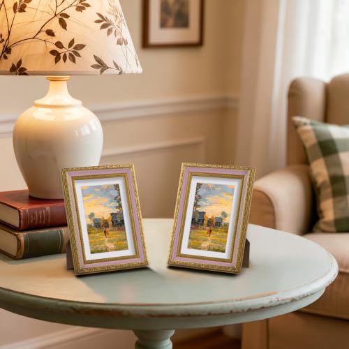 Image of eletecpro 5x7 Vintage Picture Frame, Glass Cover, Pink Gold, 2-Pack | Display Photo 4x6 with Mat or 5x7 without, Horizontal or Vertical, Tabletop or Wall Decor