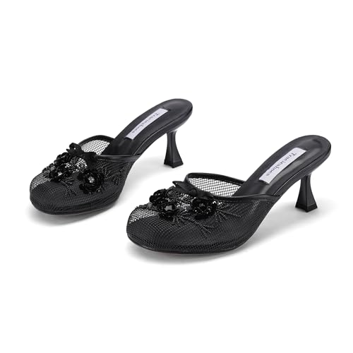 Women's Mesh Mule Slip On Sandals With Floral Sequin Embellishments Round Toe Middle Heel Slides Slippers 2.5 Inch3