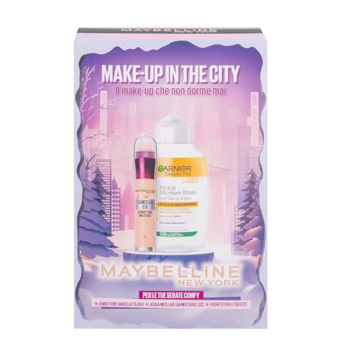Maybelline New York e Garnier Cofanetto Idea Regalo di Natale, Con Correttore Multi-Uso e Acqua Micellare Bifasica, Make-Up in The City 2025, Con Pochette Fluffy, Cancella Età Light 01, Skinactive