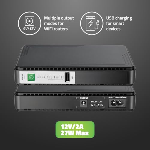 Image of Artis AR-MINIDC Mini UPS for WiFi Router /Modem /CCTV /Set top Box. 8800mAh Battery. Supports 9V /12V-1A /1.5A /2A Routers. USB Port Phone Charging.Battery Level Indicator. BIS Certified, Black.