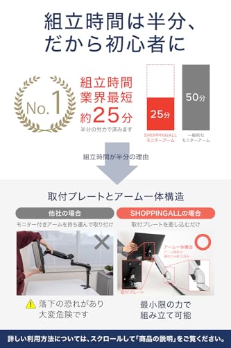 SHOPPINGALL 【 組立時間は半分 】 カナダが愛した初心者用 モニターアーム ノートパソコン アーム 2画面 ディスプレイアーム デュアル ガス スプリング 32インチ対応 耐荷重8kg×2 グロメット式＆クランプ式 VESA対応 日本語説明書・動画付 ショッピングオール