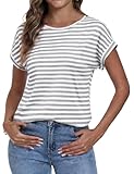 Camiseta Manga Corta Mujer Cuello Redondo Top Mujer a Rayas Camisetas Basicas Corte Holgado y Cómodo Blusa Casual de Verano Diseño Ligero y Transpirable Ideal para Uso Diario Gris Claro XL