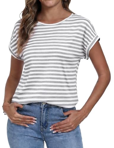 Camiseta Manga Corta Mujer Cuello Redondo Top Mujer a Rayas Camisetas Basicas Corte Holgado y Cómodo Blusa Casual de Verano Diseño Ligero y Transpirable Ideal para Uso Diario Gris Claro L