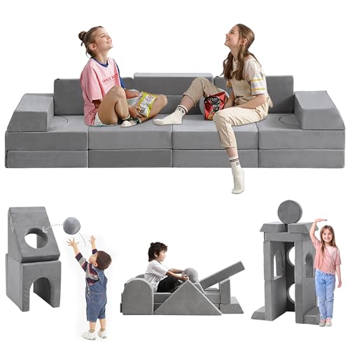 22Pcs Modular Kids Play Couch, 1000+DIY Creativing Playroom Furniture for Kids, Toddler Couch, Convertible Foam and Floor Cushion for Boys and Girls,Dark Grey