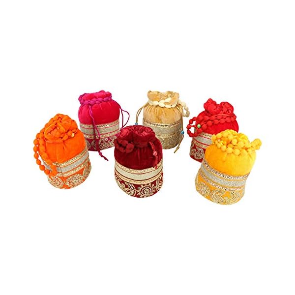 Indian Velvet Potli (Pack of 6 Potli Bag in assorted color), Jwelery Pouch, Coins Pouch, Assorted, 1 Count (Pack of 6) - Image 3