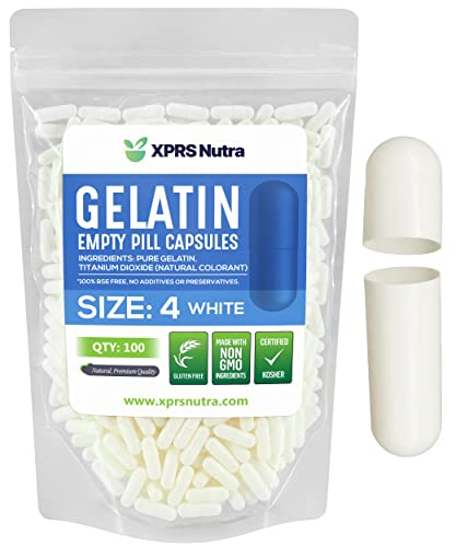 Image of XPRS Nutra Size 4 Empty Capsules - 100 Count Small Empty Gelatin Capsules - Pills DIY Capsule Filling - Fillable Pure Bovine Pill Gel Caps for Do-It-Yourself Supplements (White)