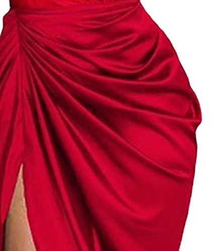 Image of xxxiticat Women's Ruched Midi Dress Sleeveless Spaghetti Straps One Shoulder Asymmetric High Split Slip Party Dress