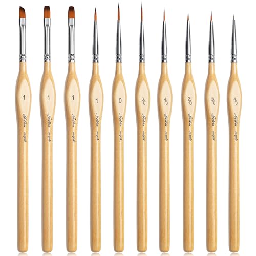 Golden Maple Miniature Paint Brushes 10pcs Detail Paint Brushes Flat Angle Filbert Fine Detail Brush Set for Acrylic, Watercolor, Miniature Models