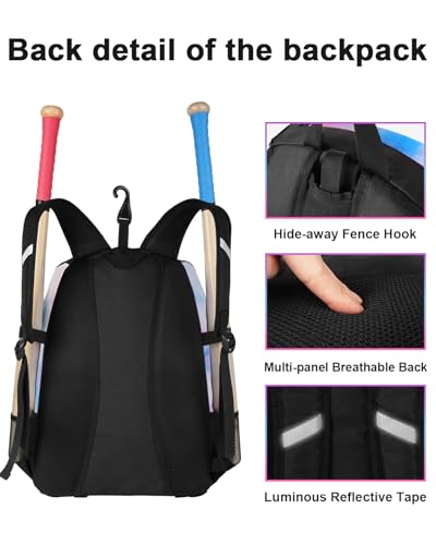 Image of MATEIN Softball Bag, Lightweight Baseball Backpack with Shoe Compartment, Baseball Bag with Fence Hook for TBall Bat & Equipment, Softball Gifts Catchers Backpack for Women Fit Catcher's Mitt, Helmet