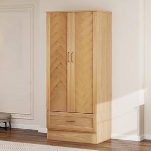 Solid Wood Armoire Wardrobe: 2 Doors Solid Wood Bedroom Armoires with Hangingrod Clothes Cabinet Storage with Drawer Natural Wood Finish 31.26″ L x 19.69″ W x 70.87″ H