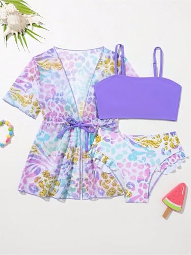 Kids Girls Floral Short Sleeve Kimono Top Bikini Bra with Brief Swimsuits 3 Pcs Bathing Suits2