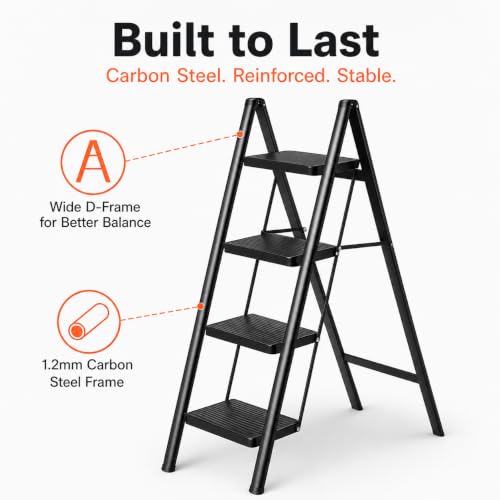Image of Equal 4 Step Advance Foldable Step Ladder for Home | Carbon Steel | Wide Anti-Slip Steps | 150 Kg Capacity | 3 Year Warranty | Grey