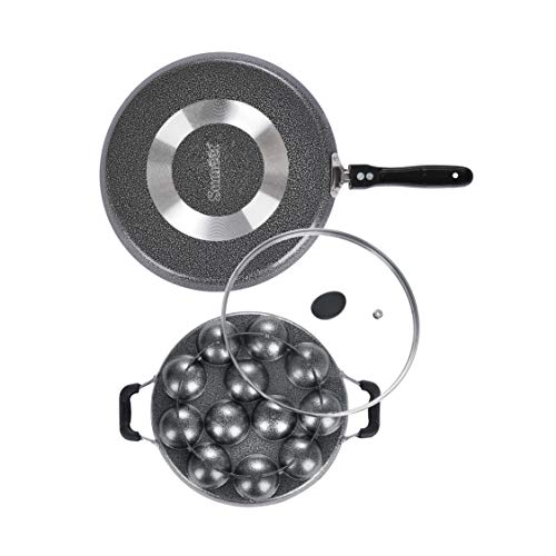 Image of SUMEET Aluminium NonStick Argent Cookware Set (Silver, Dosa Tawa - 26.5Cm , Grill Appam Patra with Glass Lid - 12 Cavity - 22cm Dia)