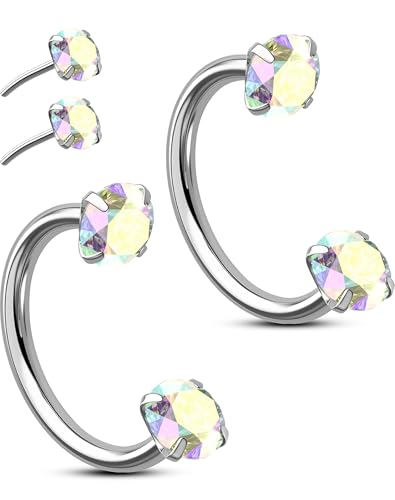 OUFER 2PCS Horseshoe Nose Rings Hoops, 20G Push Pin Threadless Silver AB CZ Nose Rings For Women Men, Double Crystal Horseshoe Septum Lip Eyebrow Helix Daith Ear Piercing Jewelry-7mm and 8mm