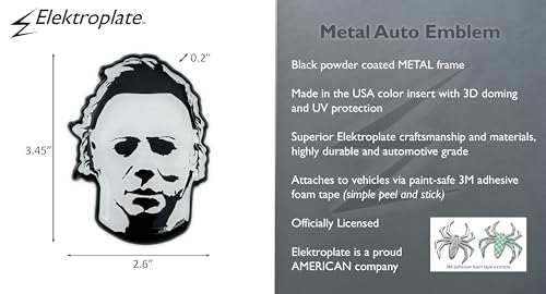 Image of Elektroplate Officially Licensed Michael Myers Halloween Movie All Metal Emblem for Cars, Trucks, and All Auto | Universal Fit at 2.6 inch x 3.45 inch| Weatherproof