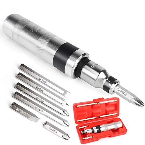 MAXPOWER 8PCS 1 2 Inch Drive Hand Impact Screwdriver Set, Industrial Grade Manual Reversible Impact Driver Kit Includes Two Slotted and Four Phillips Head Bits, S2 Steel, Sturdy Blow-Molded Carry Case