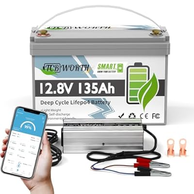 TCBWORTH LiFePO4 Battery 12.8V 135A, Deep Cycle Lithium Battery Group 31 with 20A charger, 100A Smart BMS with Low-Temp Protection, for RV, Solar System, Trolling Motors