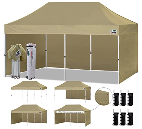 Image of Eurmax USA 10x20 Pop Up Canopy Tent,Commercial Tent with Patented No-Tip Rolling Bag,4 Zippered Removable Walls,UV & Water Resistant Canopy Top,Heavy Duty Outdoor Gazebo,Instant Shelter(Khaki)