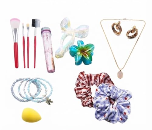Image of Gift Hamper for Girls - Necklace with Earrings, 2 Scrunchies, Flower & Bow Hair Clips, 3 Bracelets, Beauty Blender, 5 Makeup Brushes & More - All-in-One Fashion Accessories Box