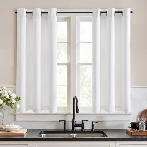 TOPICK Juego de 2 visillos de cocina blancos, 115 x 90 cm, opacas, para salón, dormitorio, oscurecidas, con ojales, estilo rústico, modernas, cortas, oscurecidas