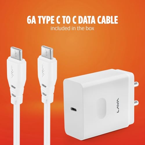 Image of Lava 66W Fast Wall Charger with PD Technology | Charging Compatible With Laptop, iPhone, Lava Agni 3, Samsung, MI, & All Android Devices | 6A Data Cable Inside Type C to C | Finger Hold Design (White)