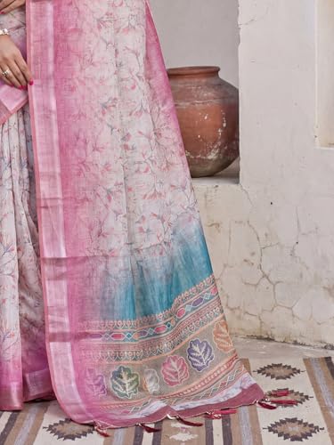 Image of AKHILAM Women's Grey Kanjivaram Soft Cotton Linen Silk Saree With Blouse Piece