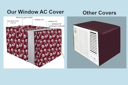 Image of The Furnishing Tree Elastic fit waterproof Polyester window ac cover suitable for Croma 1.5 Ton, Dustproof cover for inner and outer section, In CM: (62.23x66.04x43.18), Floral Pattern Dark Brown