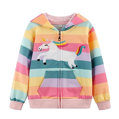 RETSUGO Girls Zip Up Hoodie Jacket Toddler Unicorn Rainbow Sweatshirt Kids Hooded Coat Casual Outerwear Size 2-7 Years