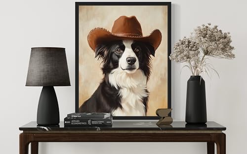 Image of Border Collie Cowboy Hat Wall Black Framed Art Print Poster, Dog Pet Lover Picture Painting Artwork Bedroom Living Room Office Dining Room 150D (Border Collie Cowboy Hat, 14 inch L x 11 inch W, Black Frame)