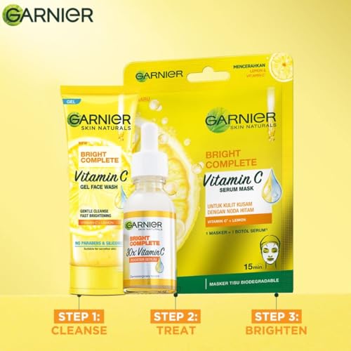 Image of Garnier skin naturals serum sheet mask bright complete vitamin-c,28g (item of pcs-3) 84g | 28g per piece, 84g total