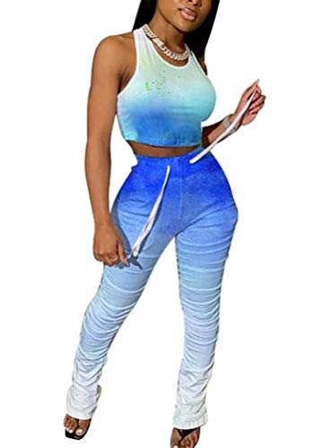 Women Summer Casual Two Piece Outfits Tie Dye Print Crop Top Shirt and Ruched Skinny Pant Tracksuit Set Loungewear Jumpsuit Blue Small