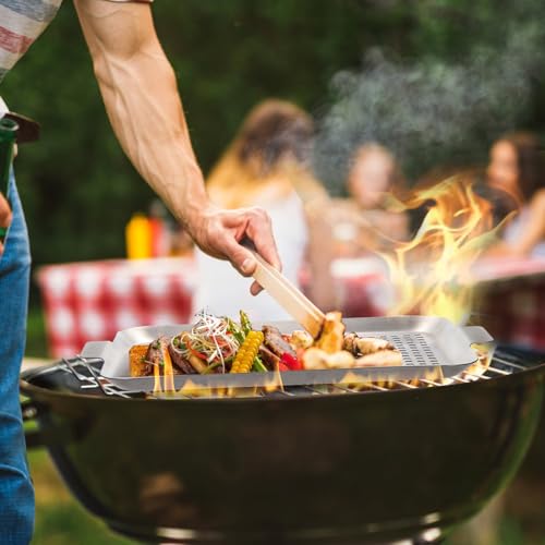 Nicunom 2 Pack Grilling Pans, BBQ Grill Topper Stainless Steel Grill Tray Grid Grill Basket Non-Stick, Outdoor Grill Accessories for Barbecue, Meat, Vegetables, Seafood, 10\"x16.5\"