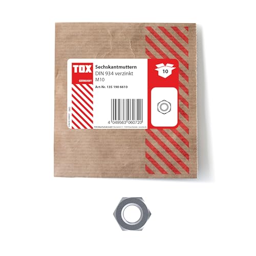 Preisvergleich Produktbild TOX Sechskantmuttern M10, galvanisch verzinkt, DIN 934, vielseitig einsetzbar, Heim- und Handwerker, 10 Stück in einer wiederverschließbaren und umweltschonenden Papierverpackung, 1351906610