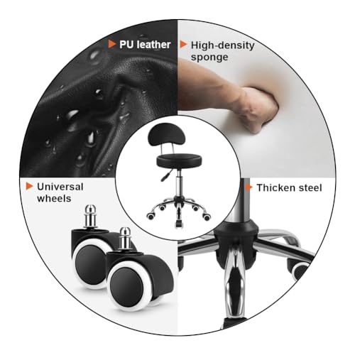 KKTONER Rolling Stool with Mid Back Height Adjustable Chair PU Leather Swivel Chair with Wheels for Office Home Task Drafting (Black) by KKTONER - Image 5