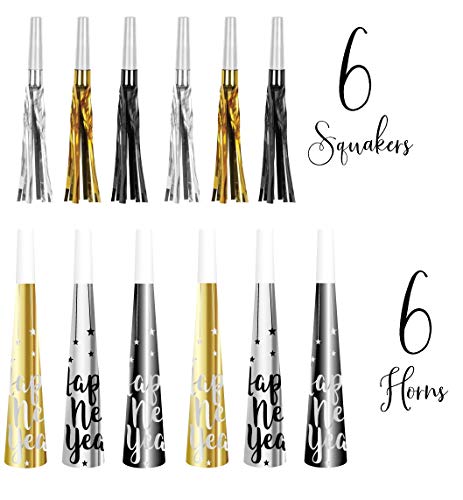 Serves 12 | New Years Eve Party Kit | Assortment for 12 | Includes Banners , Tassel Garland, Paper Hats, Tiaras, Horns , Squawkers, Balloons, Swirls and Fringe Curtains - Thumbnail 3