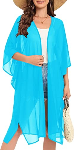 Image of Indian Trendy Women's Solid Puff Sleeve Kimono Long Cardigan Loose Cover Up Casual Blouse Top Chiffon