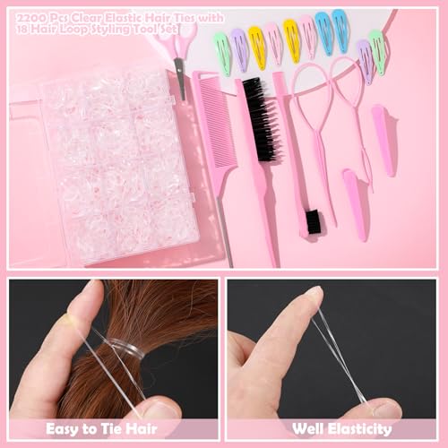 Auroray 2200 Pcs Clear Hair Ties, Hair Loop Styling Tool Set with Hair Tie Cutter, Elastic Hair Accessories for Toddler Baby Girl Women