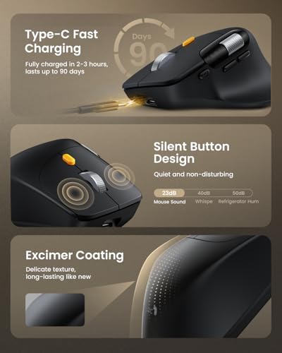 ProtoArc EM25 Ergonomische Maus mit Schnelles Scrollen, 2.4G Kabellos + 2*Bluetooth Wiederaufladbare Mouse, Seitliches Mausrad, Anpassbare Schaltflächen, 8K DPI, für Windows/Mac/Android - Schwarz